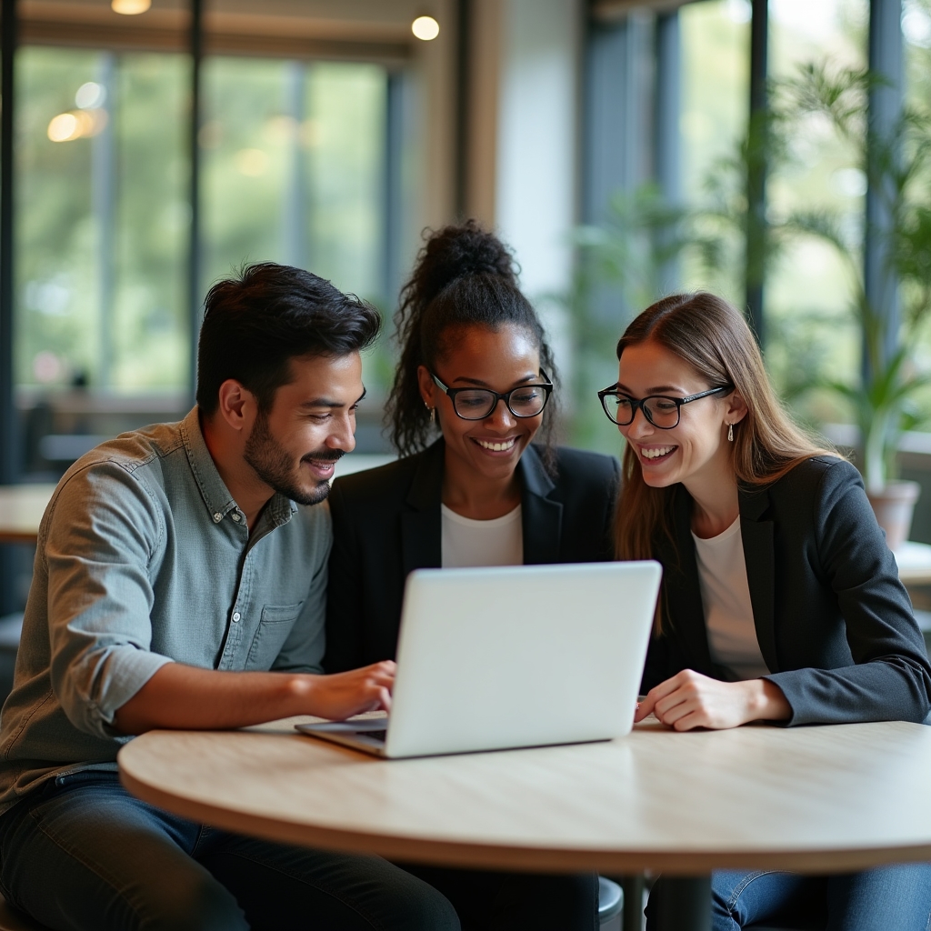 Three colleagues collaborating around a laptop in a bright meeting room