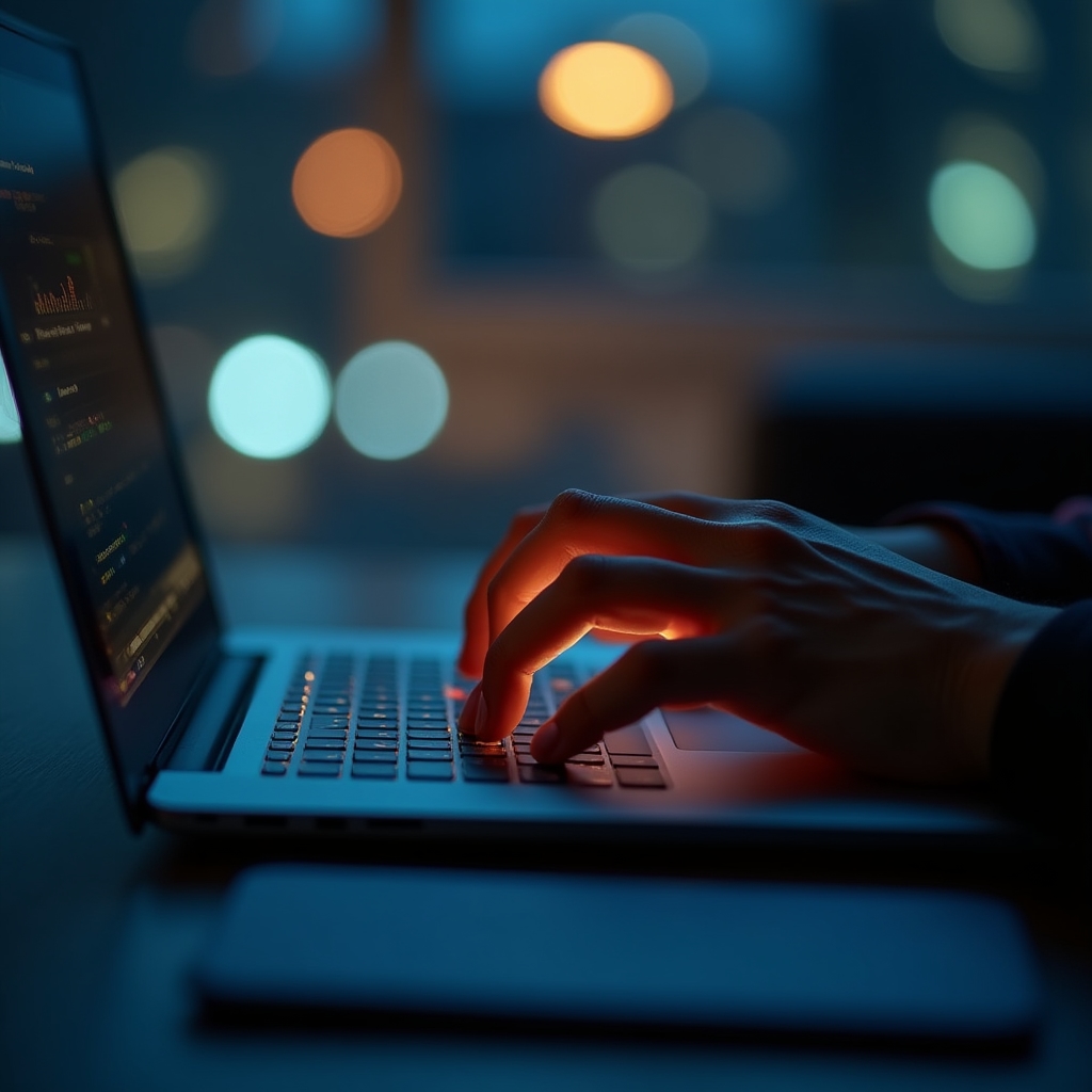 Close-up of hands typing on a laptop keyboard with an email draft visible on screen