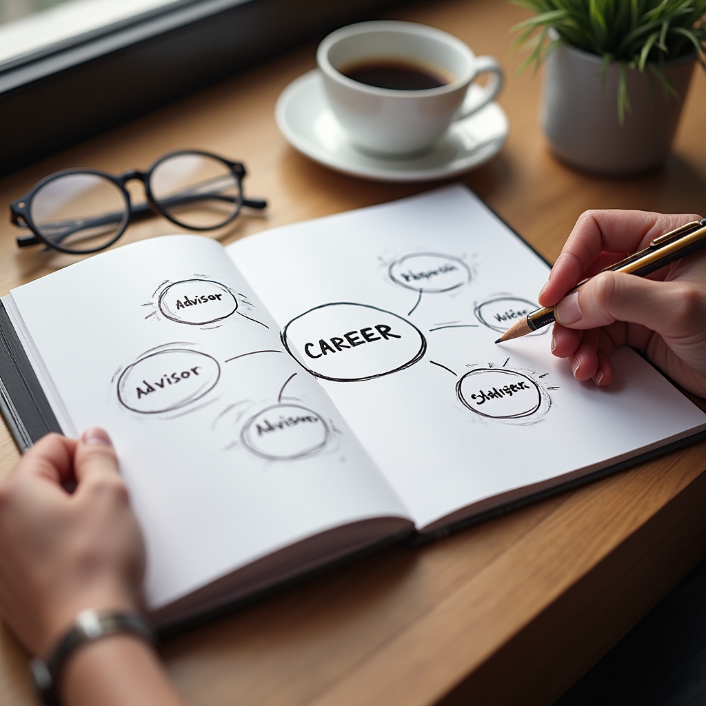 Notebook page with a diagram mapping five different advisor roles around a central figure