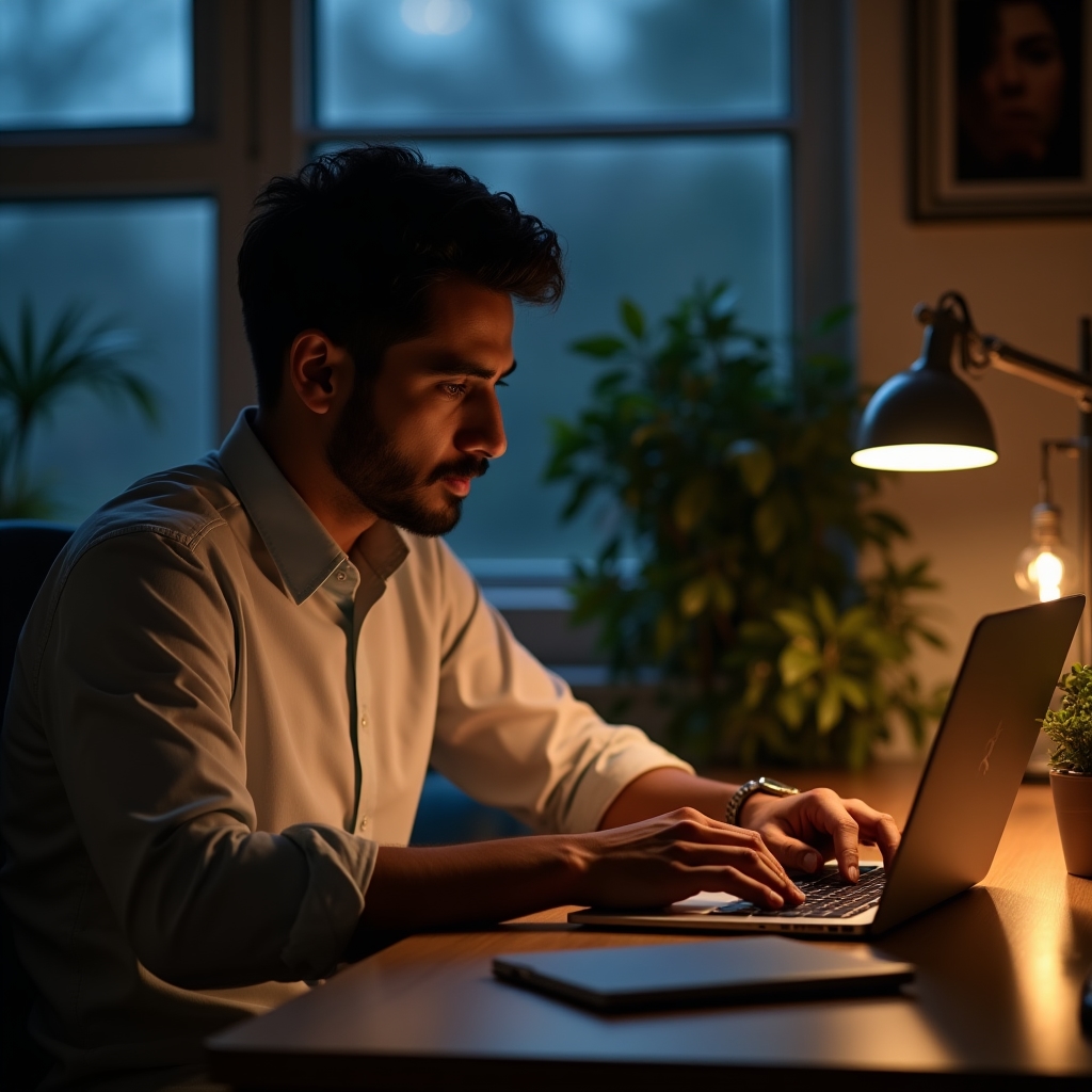 Professional typing an email on a laptop in a quiet office setting