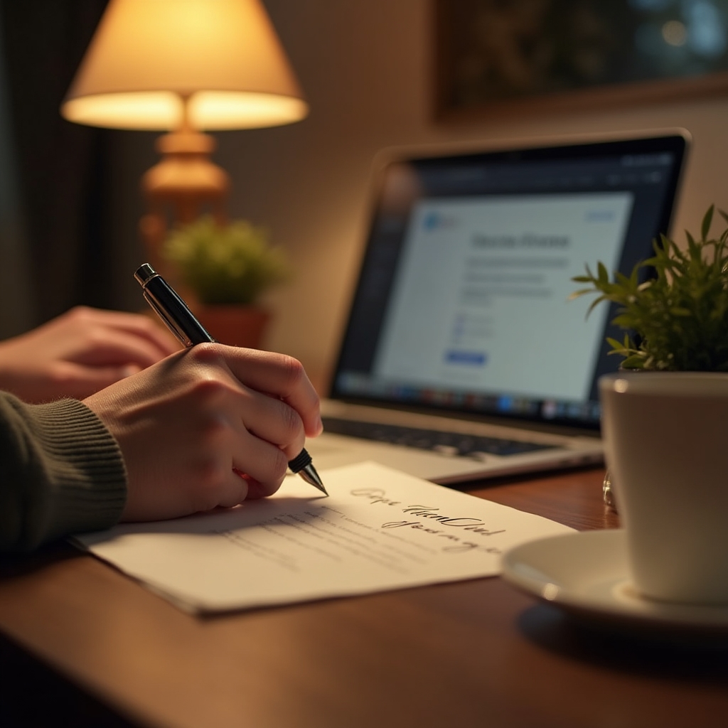 Person writing a handwritten thank you note beside a laptop